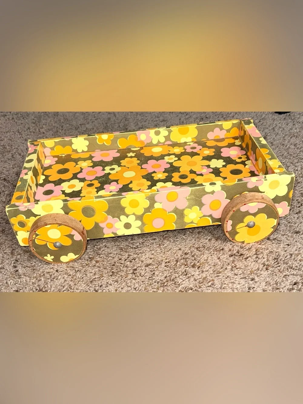 Vintage 1970s Wooden Block Wagon Set - Retro Mod Floral Rolling Cart 22 Blocks!